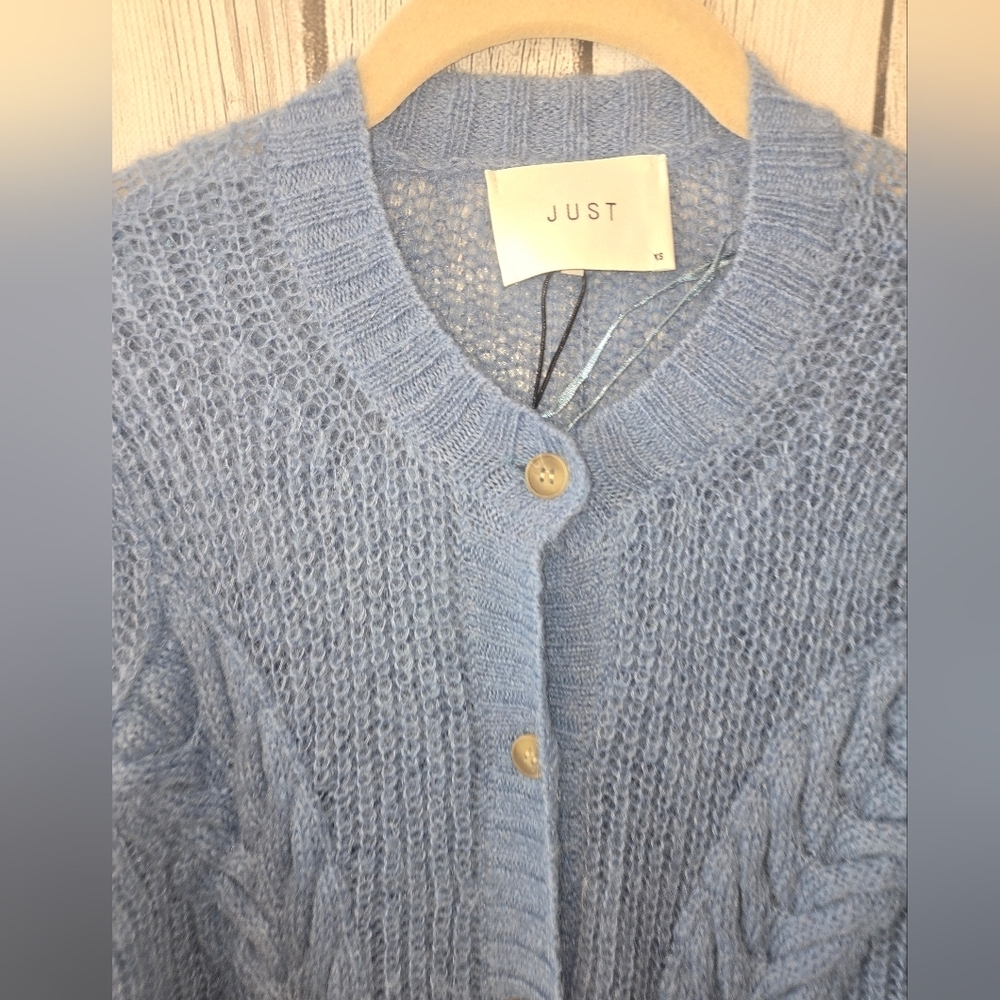 JUST Female Potter Cardigan Blue Cable Knit Button Front Sweater XS Nwot - Picture 3 of 6